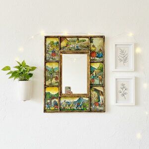 Vintage Peru Reverse-Painted Glass Mirror 15"x12"